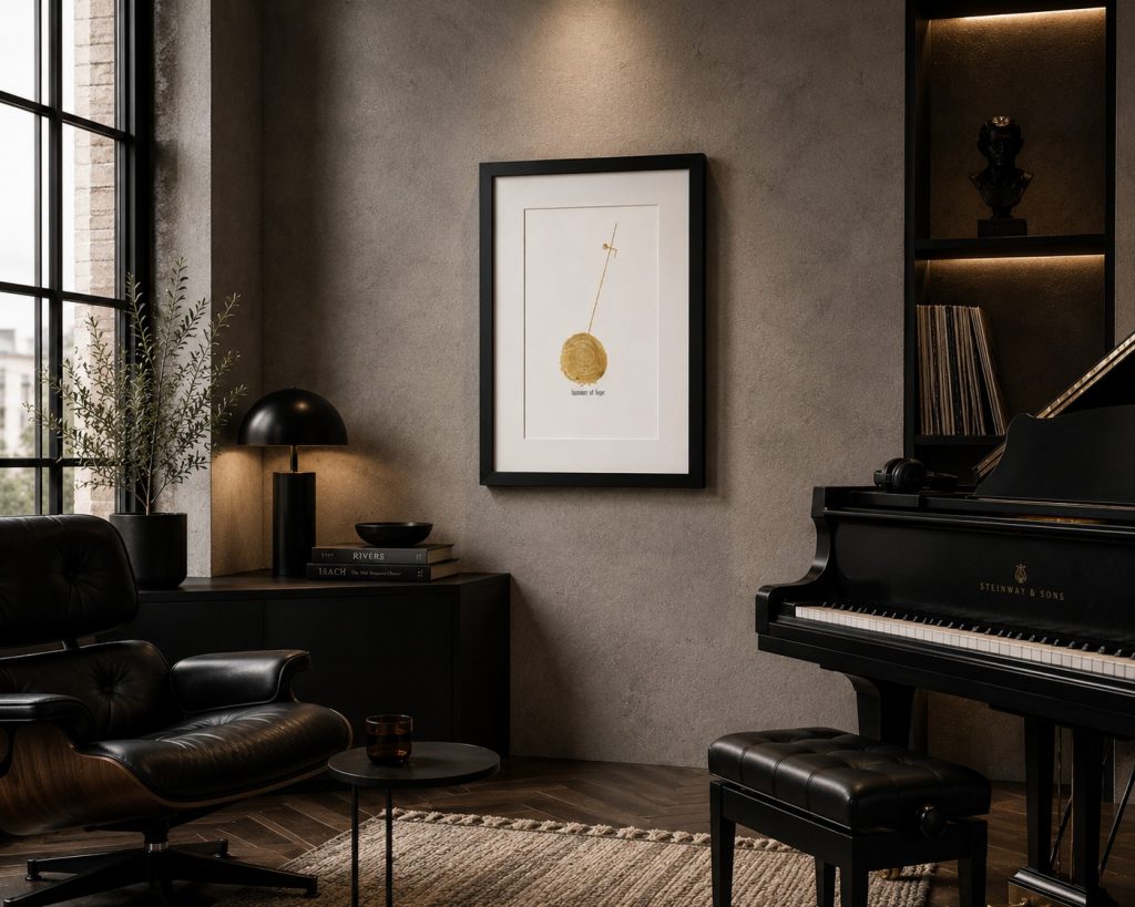 Moderne christliche Kunst im modernen minimalistischen Musikzimmer