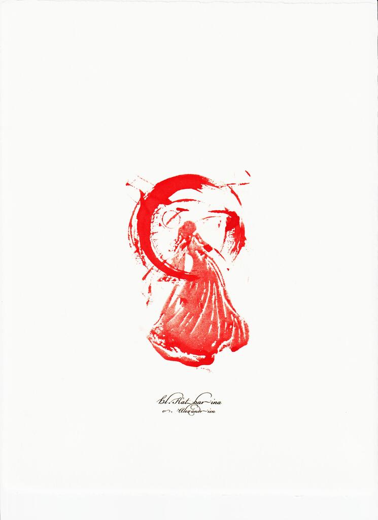 Heilige Katharina Moderne christliche Kunst für Leseecken und Büros. Rote Dokumententinte auf Büttenpapier  Modern christian artwork for contemporary offices. Red document ink on laid paper.