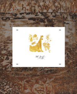 Zeitgenössisches Heiligenbild auf Büttenpapier, montiert auf einer bewusst gerosteten Eisenplatte – Atelier Wonnereich, Ulrike Rainer  Contemporary saint painting on handmade paper, mounted on a deliberately rusted iron plate – Atelier Wonnereich, Ulrike Rainer