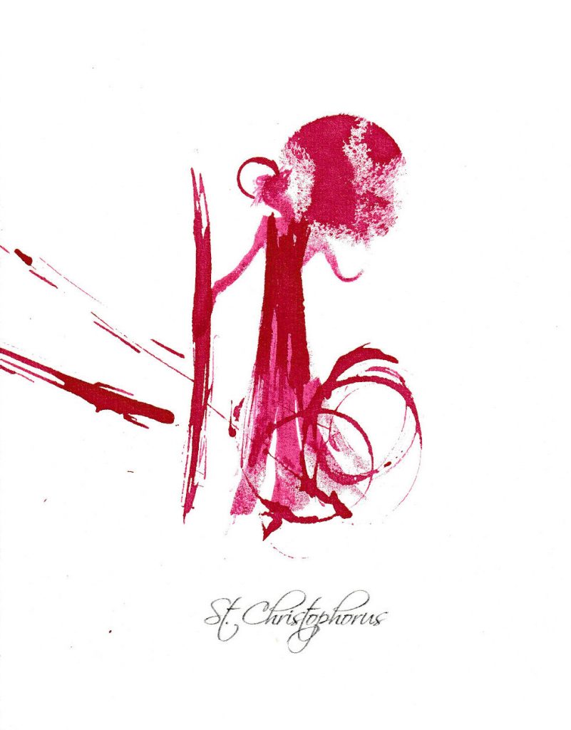 Modernes christliches Heiligenbild mit roter Dokumententinte Heiliger Christophorus
Contemporary christian art for modern spaces with red ink - St. Christopher