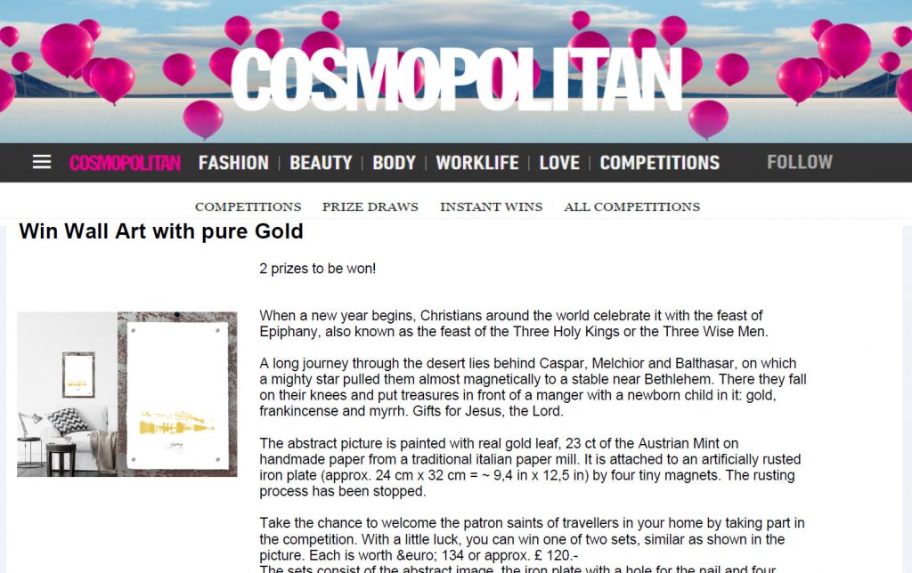 Screenshot einer Gewinnspielaktion von Cosmopolitan (UK) mit Arbeiten von Atelier Wonnereich, 2021
Screenshot of a Cosmopolitan (UK) competition featuring works by Atelier Wonnereich, 2021