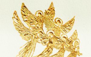 Detail eines zeitgenössischen Heiligenbildes mit echtem Blattgold auf Büttenpapier – Atelier Wonnereich, Ulrike Rainer  Detail of a contemporary saint painting with genuine gold leaf on handmade paper – Atelier Wonnereich, Ulrike Rainer